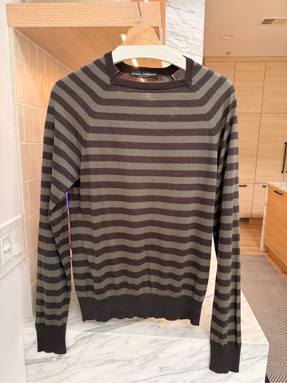 Dolce & Gabbana Olive and Dark Grey Striped Crewneck Sweater